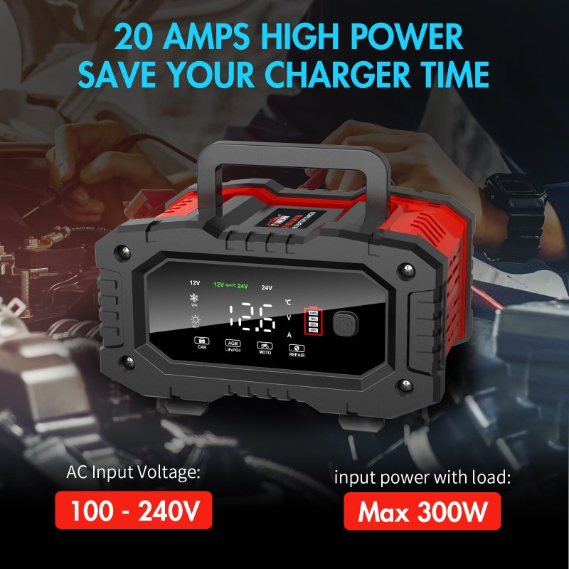 YONHAN Battery Charger 20A 12V/24V LiFePO4 Lead Acid Fully Automatic Battery Maintainer, Car Battery Trickle Charger Automotive w/Repair, Winter Mode, for AGM, STD, Gel, Deep Cycle Batteries - Image 3